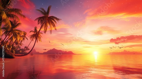Breathtaking Indian sunset with dramatic lighting, silhouetted palm trees, and tranquil ocean views