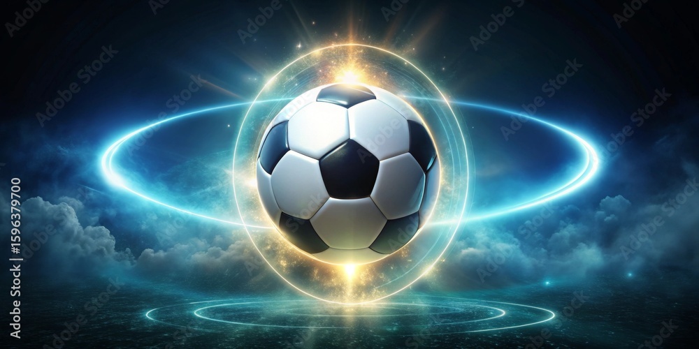 Fototapeta premium A Futuristic Soccer Ball in a Celestial Orb of Light and Energy, Suspended Above a Dark, Reflective Surface, Evoking a Sense of Wonder and Excitement
