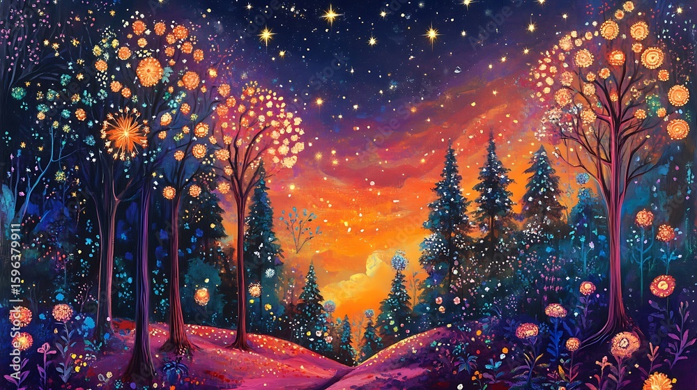 Naklejka premium Magical forest path illuminated by glowing lanterns and starry night sky