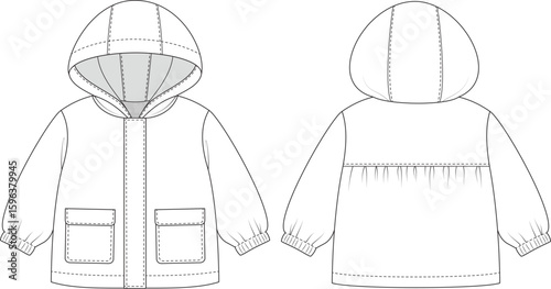 Editable technical flat of a kids’ hooded jacket with patch pockets, front placket,  back yoke, and elastic cuffs. Includes front and back views. For fashion design, tech packs, and production.