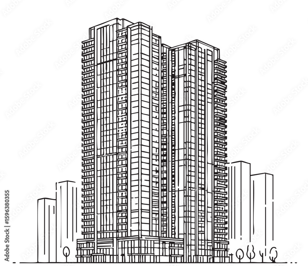 Obraz premium one line sketch simple high rise building on white background