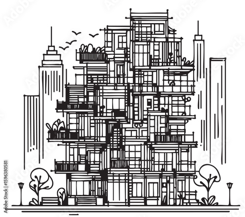 Abstract High rise building sketch. Line art, doodles