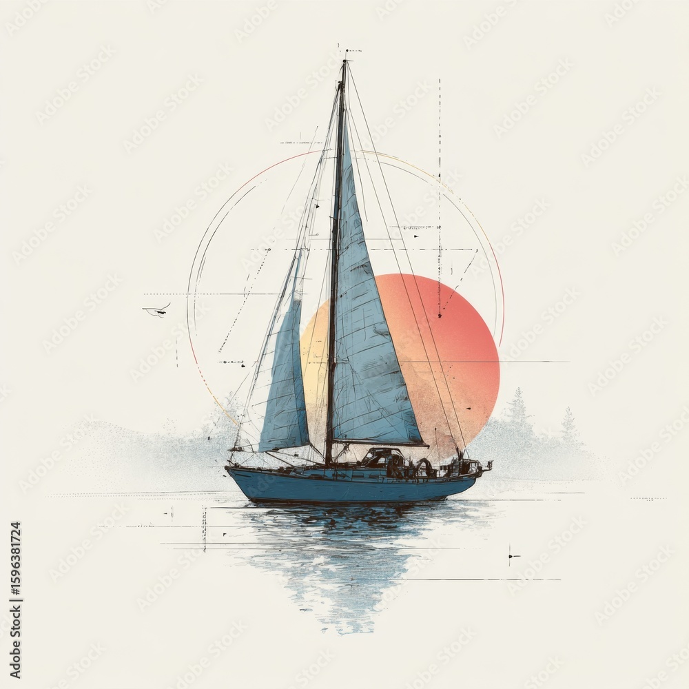 Fototapeta premium Elegant Sailboat Sailing at Sunset with Geometric Background and Calm Water Reflections in Artistic Illustration Style