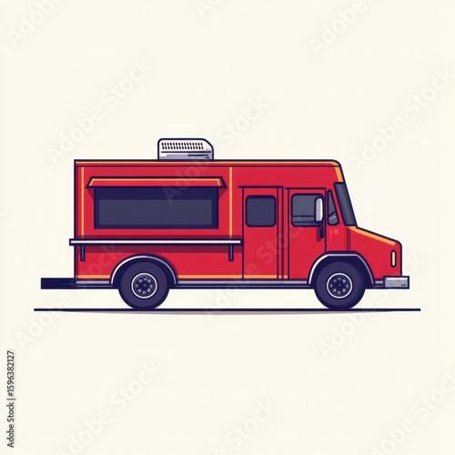 Bright red food truck parked on a city street serving delicious meals during lunchtime rush