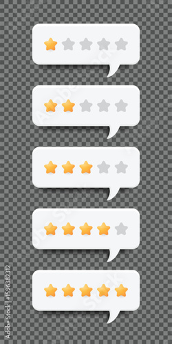 Set of chat bubbles showcasing yellow rating stars for reviewing products and services in order from poor to excellent in terms of satisfaction. Vector Illustration. 