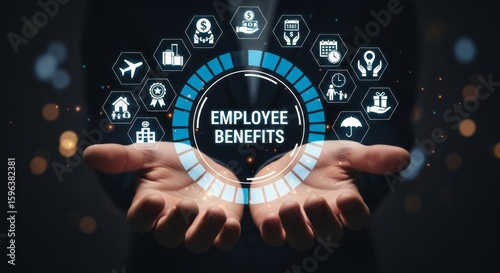 Hands holding digital display of employee benefits icons including travel, money, family, and gifts, symbolizing comprehensive compensation packages.