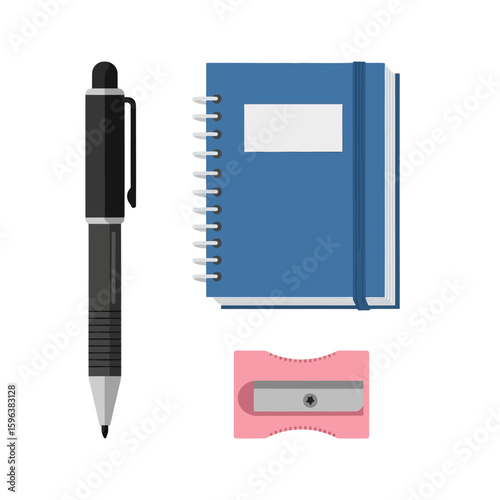 Vector Illustration of Office Supplies Featuring Pen Notebook and Pencil Sharpener in Minimalist Style with Blue Pink and Black Colors