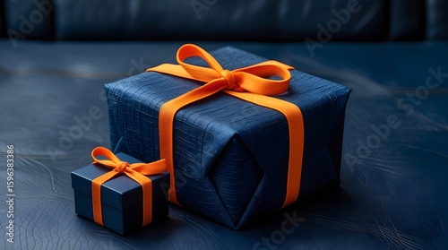 Two Gift Boxes with Orange Ribbons on Dark Surface