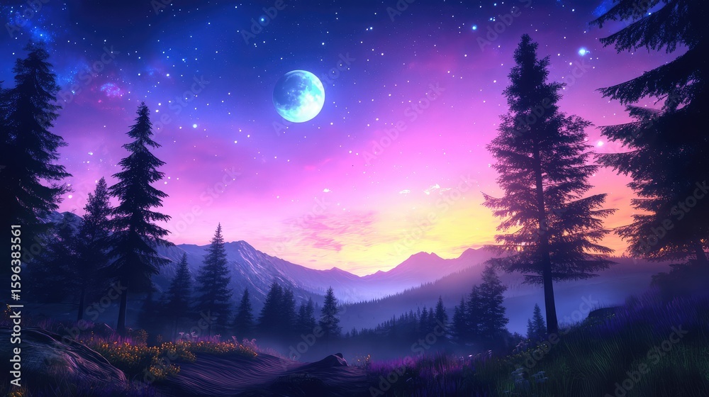 Fototapeta premium Moonlight glows over a peaceful valley, casting silver light on silhouetted trees under a vast starry sky