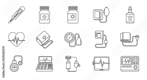 Collection of simple medical icons depicting healthcare equipment and symbols.