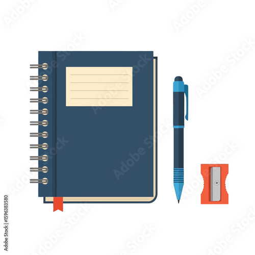 Vector Illustration of Office Supplies Featuring Notebook Pen and Pencil Sharpener in Minimalist Style with Blue and Gray Color Scheme