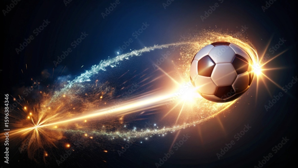 Fototapeta premium A Dynamic Soccer Ball Soaring Through a Trail of Sparkling Light and Energy