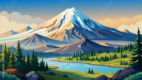 Mount Hood in Oregon, USA, displays a serene, beautiful vista with clear skies and snowy slopes. Framed on a white background, it’s ideal for creating a clean, semi-realistic vector landscape.