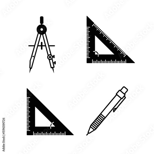 Vector Illustration of Geometric Drawing Tools with Rulers Compass and Pen in Modern Minimalist Style