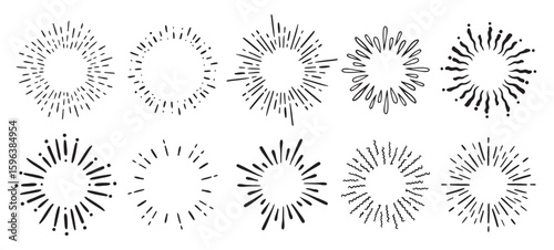 vintage doodle round fireworks sunburst explosion set hand drawn design elements black rays vector.