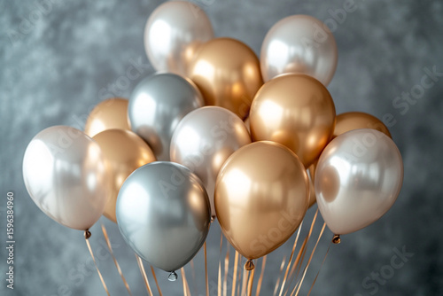 Stylish Gold and Silver Helium Balloons on White Background

