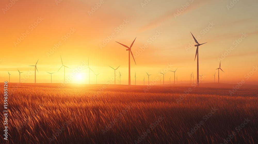 Golden sunset illuminates a field of tall grass with a line of wind turbines in the distance. Clean energy, serene landscape Golden sunset illuminates a field of tall grass with a line of wind turbines in the distance. Clean energy, serene landscape