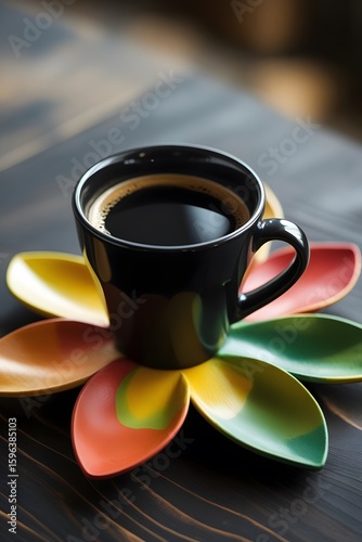 Colorful Flower-Shaped Coaster Holding a Black Coffee Mug on Table