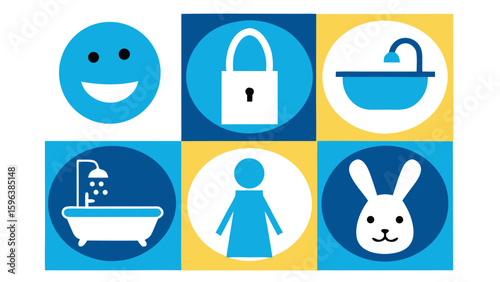 Cheerful smiley face padlock bathtub shower and rabbit icons blue yellow