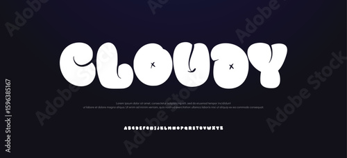 Cloudy alphabet, cartoon kids font. Funny balloon typeface in trendy y2k graffiti style. Cute vector illustration. Letters and numbers.
