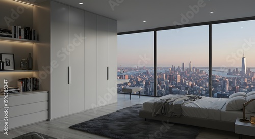 Luxury Bedroom with City Skyline View - Modern Interior Design