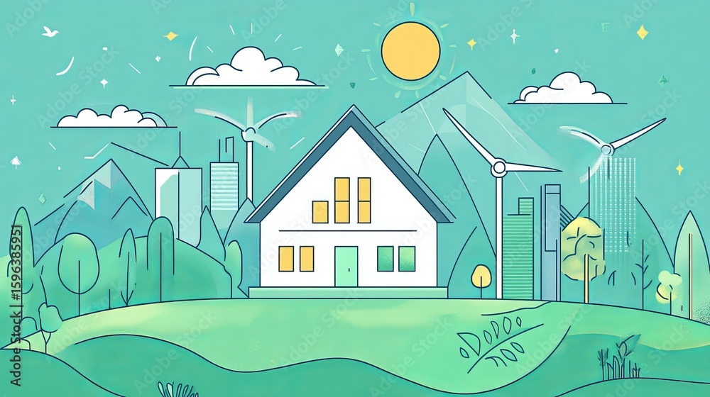 Naklejka premium Idyllic eco-friendly house nestled in a vibrant landscape, featuring wind turbines, city skyline, and mountains under a sunny sky