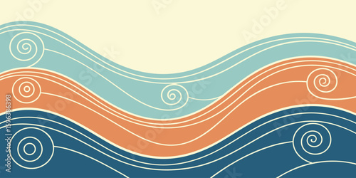 Abstract decorative waves vector background. Retro style pattern with line art swirls on colorful fluid shapes for wallpaper, fabric, print, and banner design.