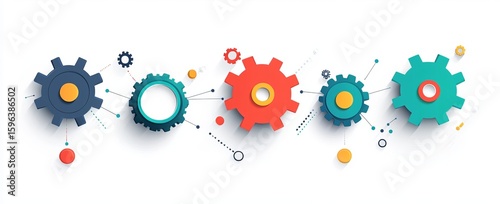 Interconnected gears in vibrant colors symbolize teamwork, collaboration, and a complex system