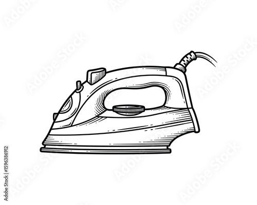 Detailed Black and White Outline Drawing of a Clothes Iron Appliance, Home Essential, Vector Illustration