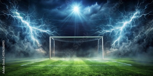 A Dramatic Soccer Goal Under a Fiery Night Sky with Electrifying Lightning Bolts