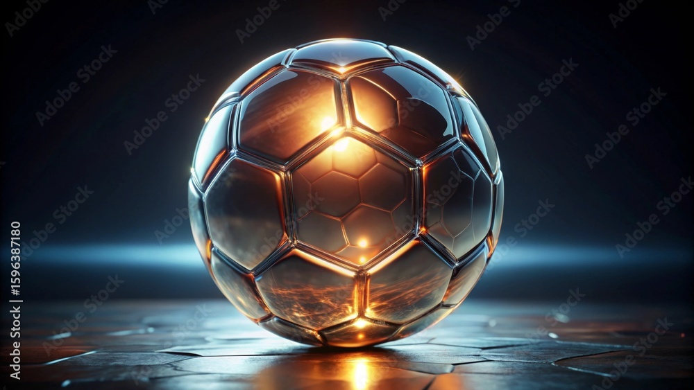 Naklejka premium A Gleaming Metallic Sphere, Resembling a Soccer Ball, Reflects an Abstract Sunset on a Dark Textured Surface