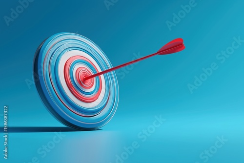 3D render displays a stylized blue and white target with a red bullseye, perfectly struck by a red-fletched arrow, all set against a clean, light blue background. 
