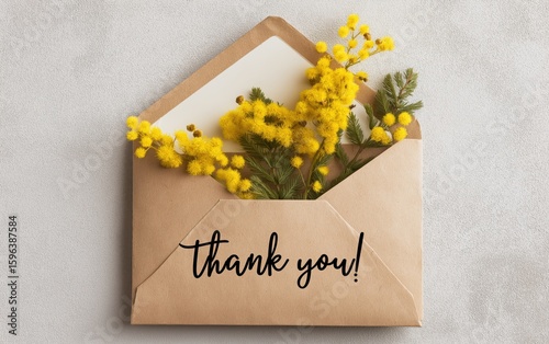 Bouquet of vibrant yellow mimosa flowers, nestled within an open cream-colored envelope, with the handwritten message 