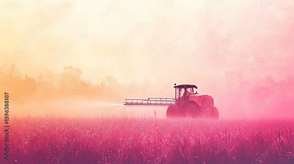 Naklejka premium Agricultural Machine Spraying Field in a Dreamy, Vaporwave Atmosphere