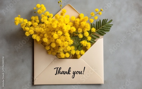Bouquet of vibrant yellow mimosa flowers, nestled within an open cream-colored envelope, with the handwritten message 