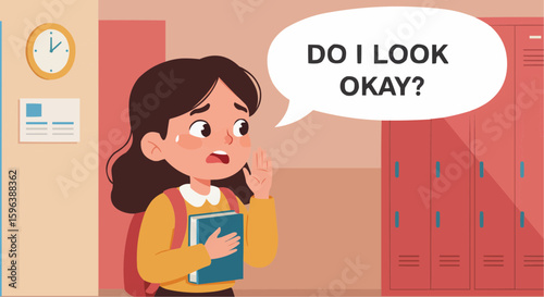 Young girl with backpack asking "Do I look okay?" in school hallway  