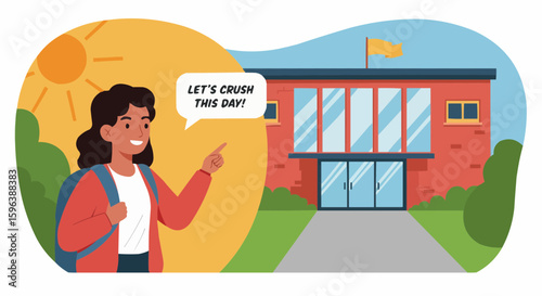 Young woman smiling while pointing at school building on sunny day  