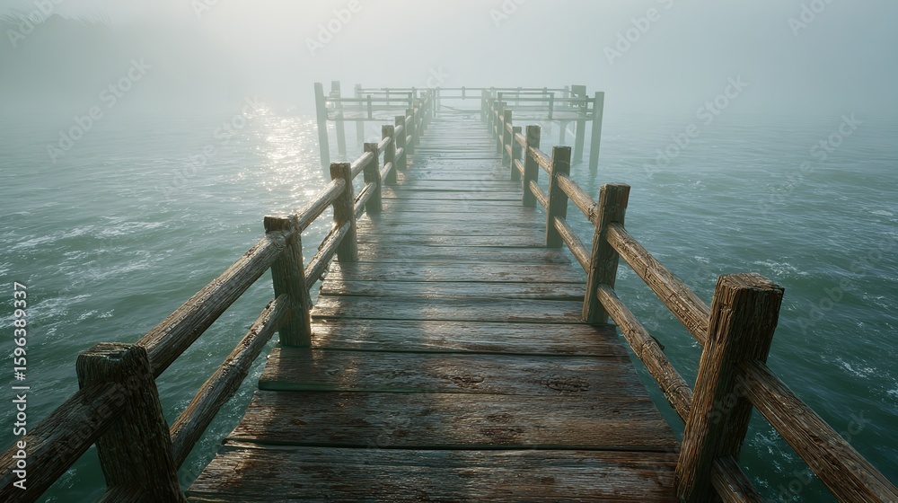 Fototapeta premium Old wooden pier stretching into a serene blue sea at twilight.