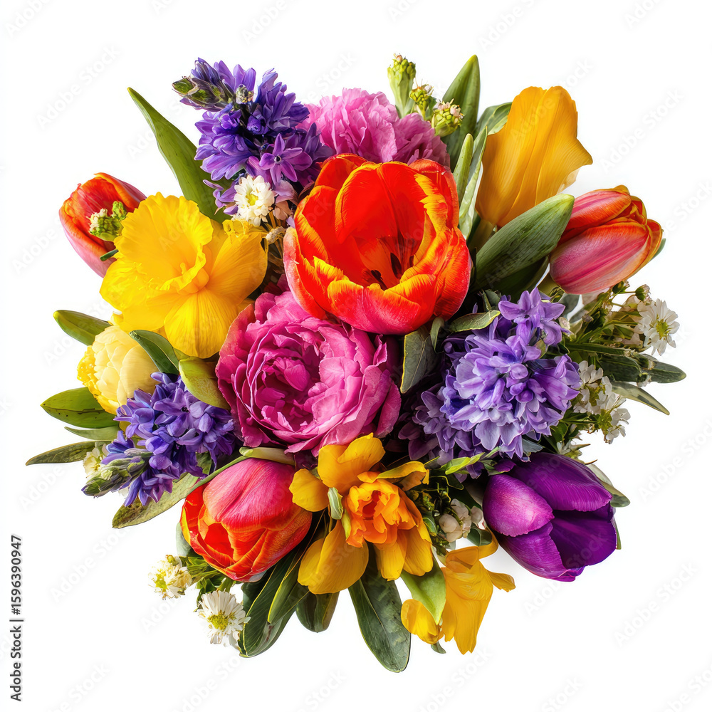 Obraz premium Colorful spring flower bouquet with tulip and daffodil