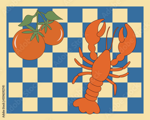 Lobster Seafood Animal Retro Style Poster. Mediterranean Food Amalfi Vintage Art Style. Cafe Restaurant Menu Page Illustration. Cartoon Vibrant Summer Resort Vacation Holiday Advertising Flyer Card