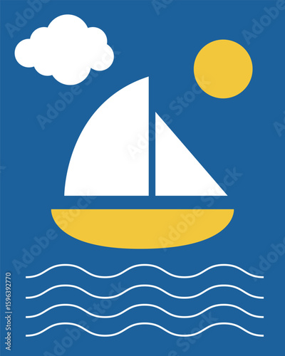 Retro Summer Time Vacation Poster Surface Print. Abstract Wavy Water Line and Yacht Boat. Vibrant Positive Travel Holiday Decoration. Minimalist Graphic Shape Design Art. Boho Vintage Style Poster