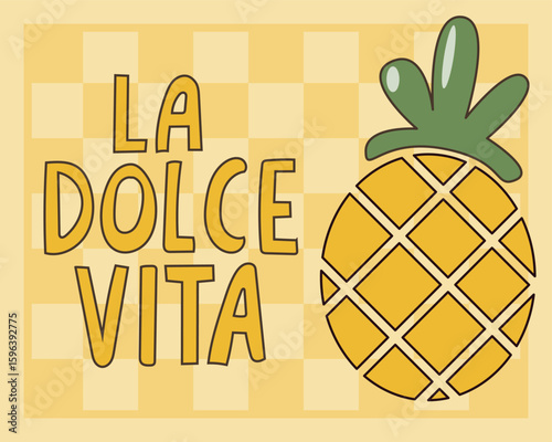 Fresh Pineapple Fruit Amalfi Style Graphic Illustration. Positive, Vibrant Happy Outline Food Art. Mediterranean Summer Travel Tourism Resort Holiday Rest Theme. Retro Vintage Poster Background Print