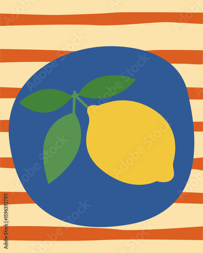 Fresh Lemon Fruit. Lime Citrus in Amalfi Style Graphic Illustration. Positive, Vibrant and Happy Outline Art. Mediterranean Summer Travel and Resort Rest Theme. Retro Vintage Poster Background Print
