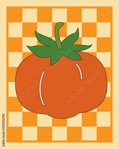  Fresh Tomato Vegetable. Graphic Art in Amalfi Style Bold Illustration. Positive, Vibrant, Happy Outline. Mediterranean Summer Travel Resort Rest Theme. Retro Vintage Poster Background Print