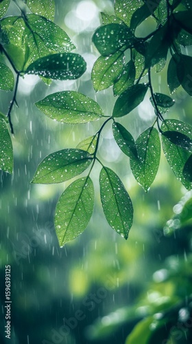 Rain Falling on Green Leaves Nature Scene with Bokeh