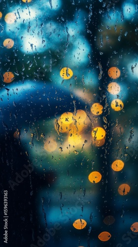 Rain Drops on Window with Bokeh Lights Background at Night