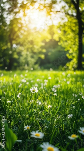 Field of Daisies Blooming in Spring Sunlight