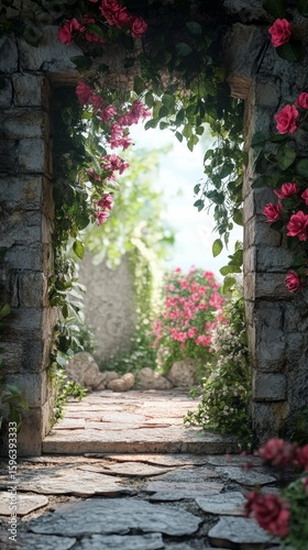 Stone Archway with Roses Leading to Garden Path