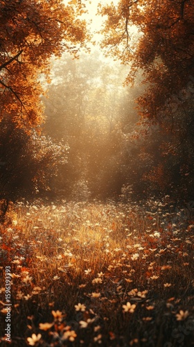 Autumn Forest Meadow with Flowers and Golden Sunlight