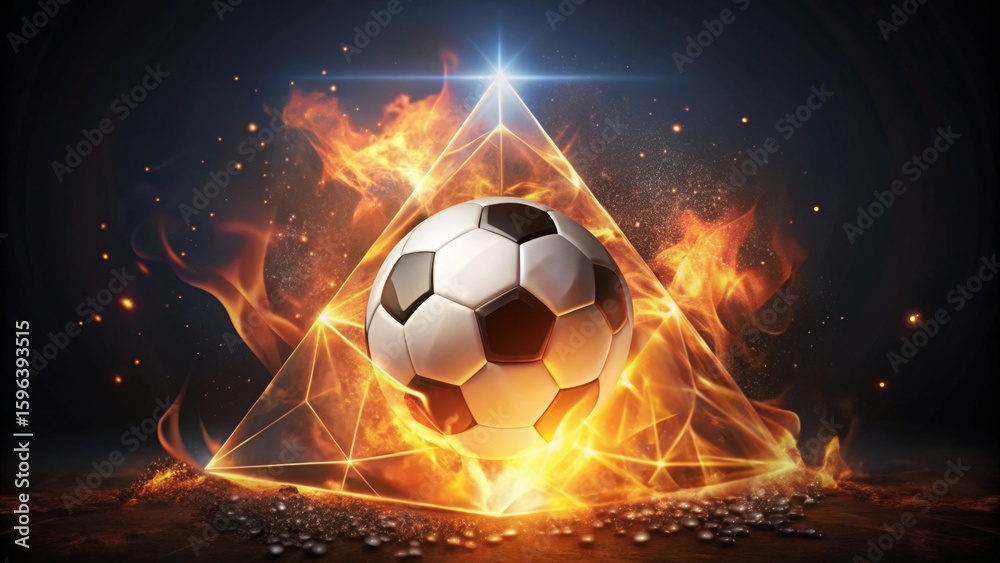 Naklejka premium Fiery Soccer Ball Encased in a Luminous Pyramid, a Symbol of Triumph and Intense Competition